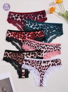 6pcs Women's Leopard Print Contrast Lace Low-Waist Bikini Briefs