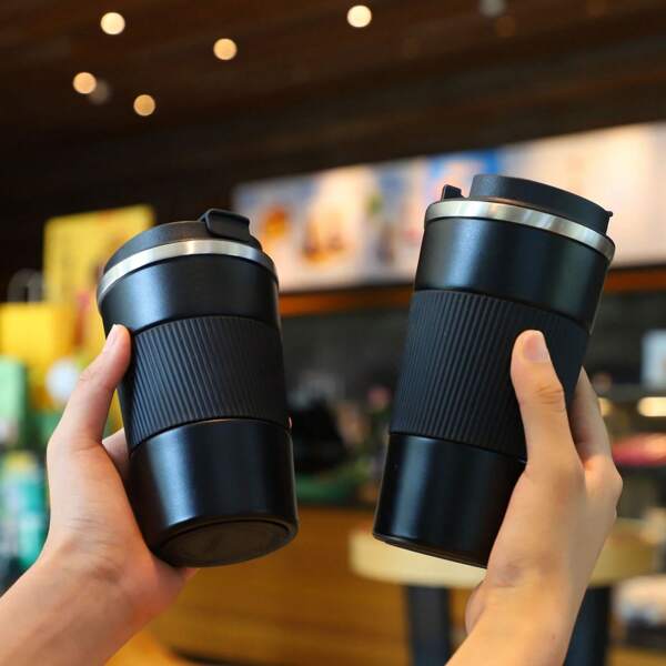 كأس قهوة عازلة فراغيا سوداء بسعة 350 مل/510 مل مع غطاء من الجلد، تصميم مضاد الانزلاق، كوب سفر للعودة إلى المدرسة