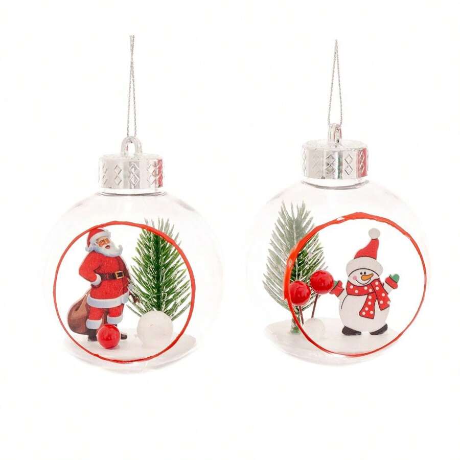 Jogo 2 Bolas de Natal Decoradas Papai Noel e Boneco de Neve 3D Transparente - Bela Flor - Vermelho e Branco - Visão 1