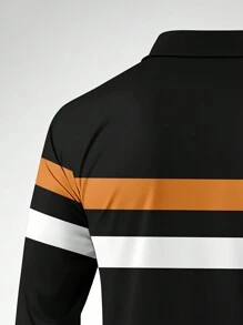 Men's Graphic Print Contrast Color Button Front Long Sleeve Polo Shirt