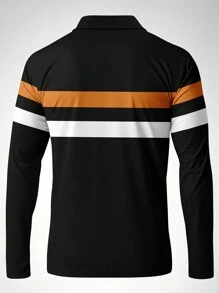 Men's Graphic Print Contrast Color Button Front Long Sleeve Polo Shirt