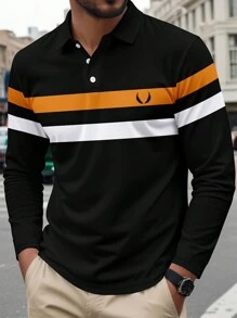 Men's Graphic Print Contrast Color Button Front Long Sleeve Polo Shirt