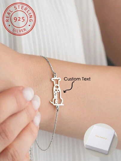 A 925 Silver Minimalist Hollow Dog Personalized Name Bracelet , Animal Letter Customized Bracelet , Ideal Gifts For Christmas, Halloween, Anniversary - Perfect For Friends, Lovers, Family