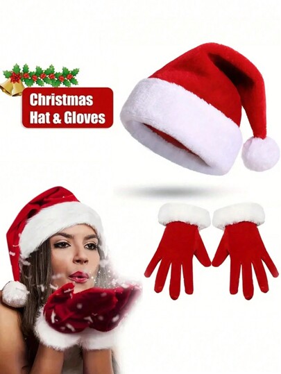 Set de 3 piezas de accesorios de disfraz de Papá Noel (gorro y guantes de Papá Noel), gorro de terciopelo rojo de Papá Noel con ribete blanco y guantes a juego, para mujeres, utilizado como accesorio de fiesta temática, Navidad