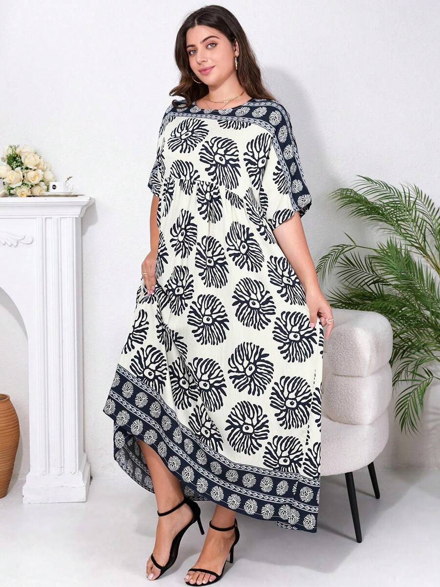 2026夏季新款圆领短袖女式连衣裙，波西米亚风沙滩裙，休闲中长印花连衣裙，妈妈日常连衣裙，优雅度假连衣裙 - 藍色 - 查看 1