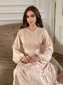 1 件花卉印花雪纺优雅休闲长袍，精致的面料和工艺，优雅时尚 - 卡其色 - 查看 4