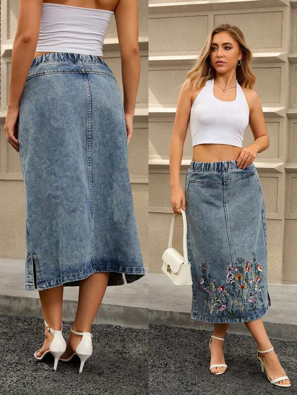 Women'sMid-LengthSkirt,ElegantFashionableElasticizedEmbroideredDenimSkirt