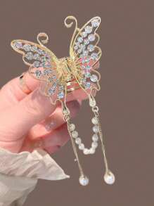 1pc Rhinestone Butterfly Faux Pearl Tassel Hair Claw Clip Party - Gold - View 3