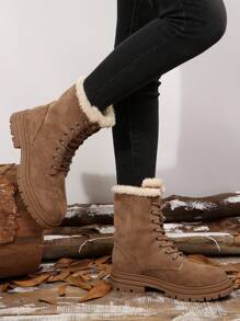 New Women Winter Thermal Lined Mid-Calf Warm Boots, Fashion Lace-Up Anti-Slip Thick Bottom Boots