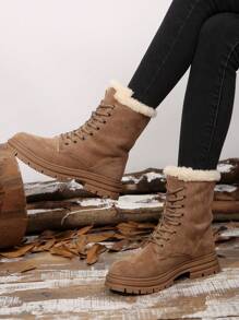 New Women Winter Thermal Lined Mid-Calf Warm Boots, Fashion Lace-Up Anti-Slip Thick Bottom Boots