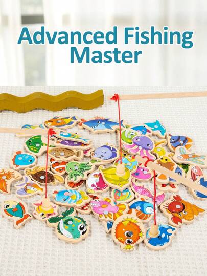 15pcs/31pcs/51pcs Wood Magnetic Fishing Toy Set, Educational Fishing Game Toy For Toddlers Boys Girls, Brain Development And Parent-Child Interaction Gift