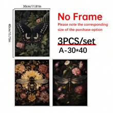 3 件现代深色花卉植物帆布墙画，非常适合客厅装饰木框，墙面艺术装饰客厅，厨房，家居装饰，房间装饰，植物西式家居装饰，房间旅行海报，墙面装饰，房间装饰美学，房间装饰用品