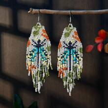 彩色瓢虫风格手工串珠流苏耳环，波西米亚风格种子珠编织耳环，手工玻璃珠首饰，女士日常/节日礼物 - 1對 - 查看 12