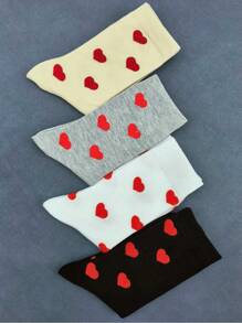 4 双女士心形可爱时尚中筒袜 - 彩色 - 查看 4