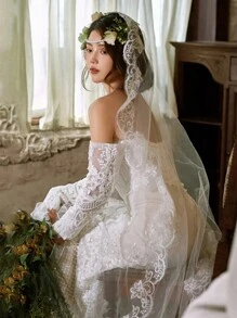 1pc Women's Long White Wedding Veil, 260cm, Bridal Party, No Comb, Vintage Lace Trim, Embellished, Suitable For Photography