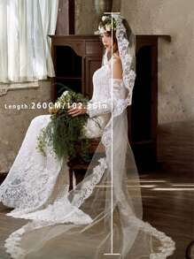1pc Women's Long White Wedding Veil, 260cm, Bridal Party, No Comb, Vintage Lace Trim, Embellished, Suitable For Photography
