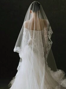 1pc Women's Long White Wedding Veil, 260cm, Bridal Party, No Comb, Vintage Lace Trim, Embellished, Suitable For Photography