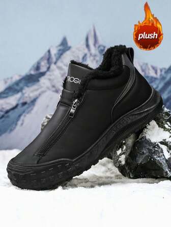 Men's Snow Boots, New Winter Men's Outdoor Wear, One-Touch No-Lace Thick Sole Non-Slip Wear-Resistant Fur Lining Warm Ankle Boots, Youth Fashion Outdoor Street Style Anti-Freeze, Men's Sports Shoes, Comfortable Artificial Furry Lining Warm Thick Outdoor Snow Boots, Men's Outdoor Holiday Travel Comfortable Flat Non-Slip Wear-Resistant Simple Outdoor Anti-Freeze Warm Black Ankle Boots
