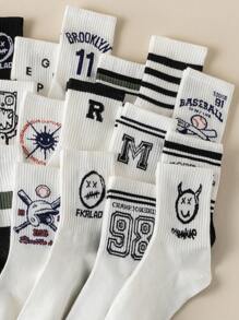 10 pares/paquete de calcetines deportivos de media caña unisex de estilo aleatorio con patrones de letras y animales, simples y versátiles, para primavera y otoño - Multicolor - Ver 3