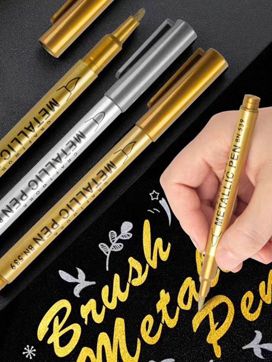 5 Stücke goldfarbene und silberne Kunst DIY Metall wasserfeste dauerhafte Lackstiftmarker 1,5 mm, Kunsthandwerk Harzform Stifte Kunstmalerei Studenten Zubehör, geeignet für Feiertags-Dekoration und Bürobedarf Rückkehr zur Schule - Verschiedenfarbig - Übersicht 1