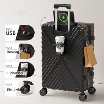 Maleta retro, equipaje de mano con ruedas, baúl de viaje de moda con candado con contraseña. Ruedas giratorias de 360°, material ABS+PC, bolsa con puerto USB para accesorios y artículos escolares