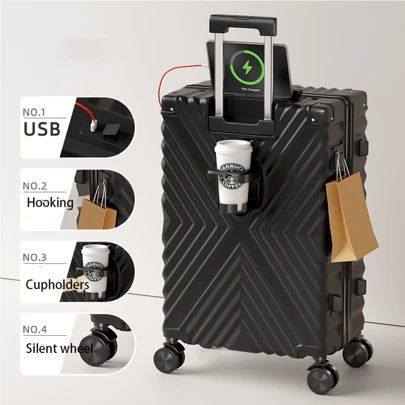 Maleta retro, equipaje de mano con ruedas, baúl de viaje de moda con candado con contraseña. Ruedas giratorias de 360°, material ABS+PC, bolsa con puerto USB para accesorios y artículos escolares