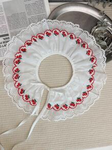 1pc Cherry Print Casual Detachable Collar, With Ruffle Trim, Adjustable Drawstring, Versatile Decorative Collar
