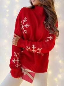 Suéter feminino de malha vermelha com floco de neve e manga comprida, blusa de Natal - Vermelho - Ver 3