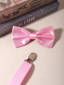 1 Set Men's Solid Color Suspender & Bow Tie Set, Men's Solid Color Elastic Belt Suspender, Bow Tie Set, High Density Thickened Suspender (Length 60-90cm) For Going Out Outfit Wedding Party And For Gift Autumn-Winter Accessories Halloween Costume,Suitable For Teens, Youth,Men,Casual, Outdoor, Athletic, Vacation, Graduation Gifts, Birthday, Daily Wear - Pink - View 3