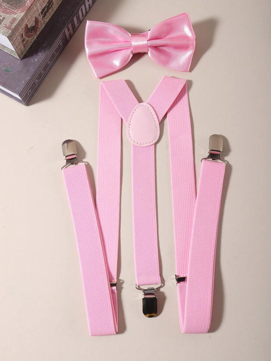 1 Set Men's Solid Color Suspender & Bow Tie Set, Men's Solid Color Elastic Belt Suspender, Bow Tie Set, High Density Thickened Suspender (Length 60-90cm) For Going Out Outfit Wedding Party And For Gift Autumn-Winter Accessories Halloween Costume,Suitable For Teens, Youth,Men,Casual, Outdoor, Athletic, Vacation, Graduation Gifts, Birthday, Daily Wear - Pink - View 1