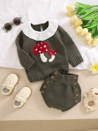 2st Baby Girl Svamp Jacquard volangkrage Långärmad tröja Topp och shorts Retro Casual Set, till jul