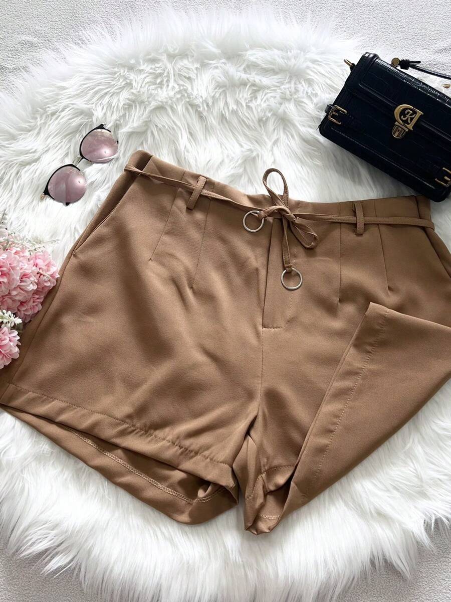 Women's Shorts,Tailored Style Zipper Pockets,Solid Color Drawstring Casual Shorts - 棕色 - 查看 1