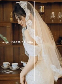 1 件经典白色蕾丝边短款单层婚纱头纱，长约 130 厘米，新娘帽头饰配饰，适合婚礼、注册、派对 - 米色 - 查看 7