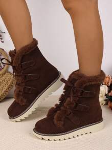 Women's Snow Boots With Fur Collar, Lace-Up, Lightweight Sole, Solid Color, Fashion, Anti-Slip, Thick Plush Lined, Ankle Boots For Autumn/Winter - Chocolate Brown - View 5