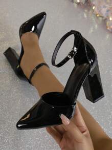 Fall/Winter Women's Pointed Toe Solid Color Hollow Out Platform Block Heel Black Pumps,Elegant,Party,Chunky Heels - Black - View 1