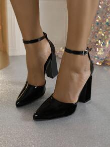 Fall/Winter Women's Pointed Toe Solid Color Hollow Out Platform Block Heel Black Pumps,Elegant,Party,Chunky Heels - Black - View 4