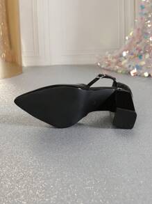 Fall/Winter Women's Pointed Toe Solid Color Hollow Out Platform Block Heel Black Pumps,Elegant,Party,Chunky Heels - Black - View 7