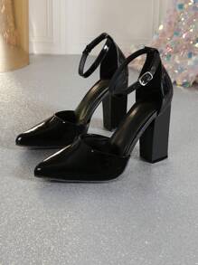 Fall/Winter Women's Pointed Toe Solid Color Hollow Out Platform Block Heel Black Pumps,Elegant,Party,Chunky Heels - Black - View 5