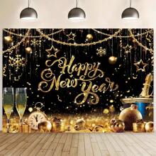 1pc, Sparkling Champagne Glass And Golden Halo 2025 New Year Party Background - Polyester Fiber Photo Booth Props For Family Celebrations And Gatherings - Multicolor - View 1