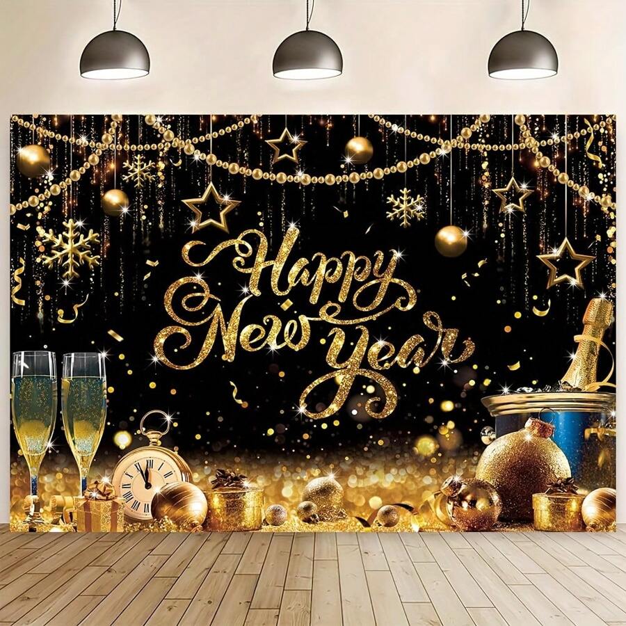 1pc, Sparkling Champagne Glass And Golden Halo 2025 New Year Party Background - Polyester Fiber Photo Booth Props For Family Celebrations And Gatherings - Multicolor - View 1
