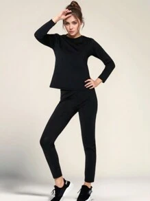 2 件女式桑拿服健身运动汗蒸服长袖 T 恤圆领和紧身裤汗蒸桑拿背心桑拿裤保暖健身服训练和跑步 - 黑色 - 查看 7