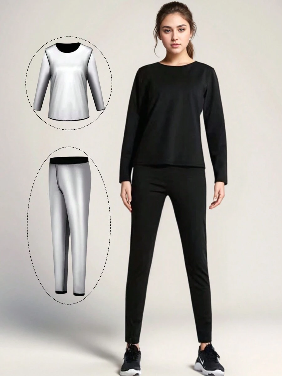 2 件女式桑拿服健身运动汗蒸服长袖 T 恤圆领和紧身裤汗蒸桑拿背心桑拿裤保暖健身服训练和跑步 - 黑色 - 查看 1