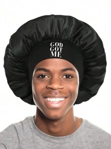 1 件装 男士发帽 印花字母大王/我爱我的女朋友/男士日常生活睡帽 黑色缎面假发帽 - 黑色 - 查看 11