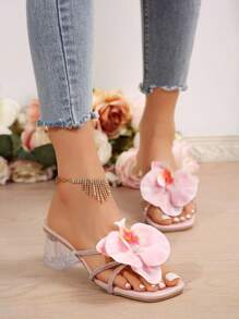 European And American New Floral Decor High Heel Sandals, Suitable For Summer Travel, Beach, Dates, Commuting, Banquets, Parties - Pink - View 4