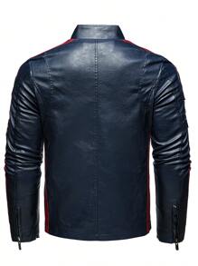 Chaqueta de PU para hombre, traje de carreras de motocicleta, etiqueta de color, chaqueta - Azul - Ver 2