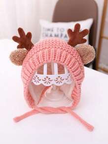 1pc Cute Deer Horn Baby Knitted Warm Earflap Windproof Winter Cap, Christmas Gift For Infants