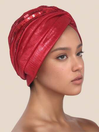 Muslim Style Watermelon Sequin Embellished Casual Beanie Cap, Polyester Glitter Patchwork, Suitable For All Seasons