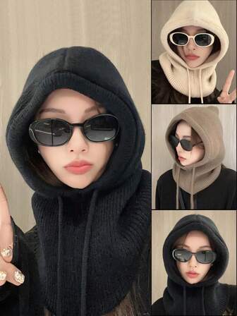 1 pieza Conjunto de gorro y cuello de punto para mujer, bufanda y gorro a juego de estilo de otoño/invierno, a prueba de viento, con forro térmico grueso y protección de oreja, adecuado para salidas, esquí, ciclismo