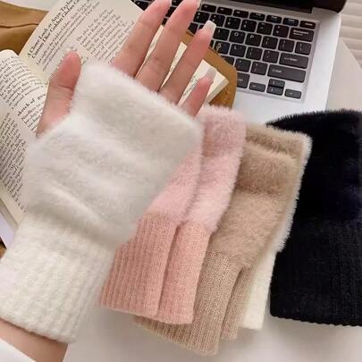 Soft Winter Half Finger Gloves Women Warm Luxury Solid White Plush Knitted Fingerless Gloves Wrist Mittens Writing, Hand Warmers, Suitable For Writing, Cycling, Skiing, Snowboarding, And Giving Christmas And Thanksgiving Holiday Gifts To Family And Friends, Winter Gloves, Ski Gloves, Snow Gloves