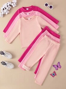 Conjunto de 6 peças de blusa de manga comprida e leggings versáteis de cor sólida casual para meninas, inverno